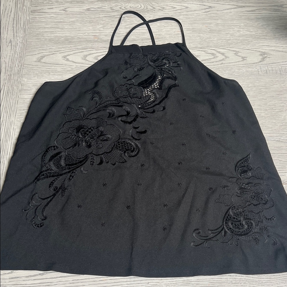 Express Black Floral Embroidered tank with criss cross back